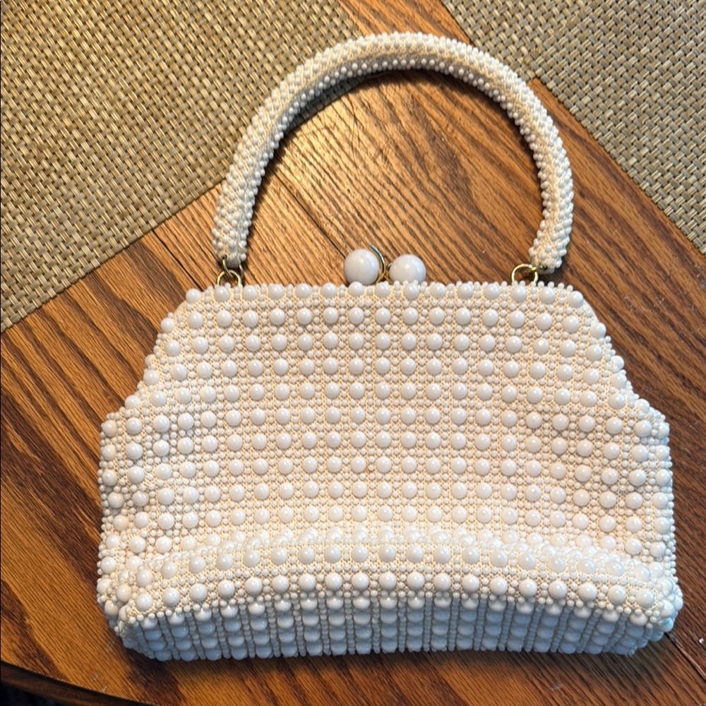 White Beaded Clutch with Kiss-Lock Closure